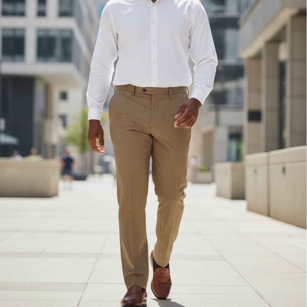 Haggar Mens Premium No Iron Khaki Pants 44x30 Classic Fit Flat Front Stretch Tan